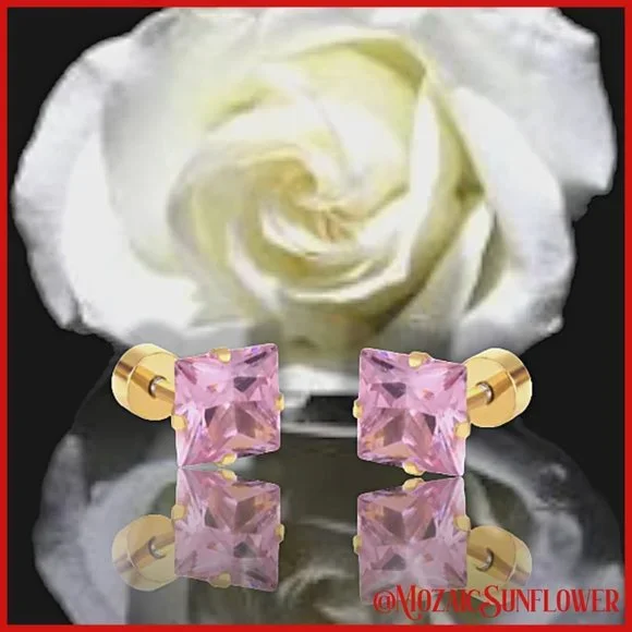 Gold & Stainless Steel AAAA+ 7cm Pink Princess Cut Screw Post Earrings - Picture 5 of 6